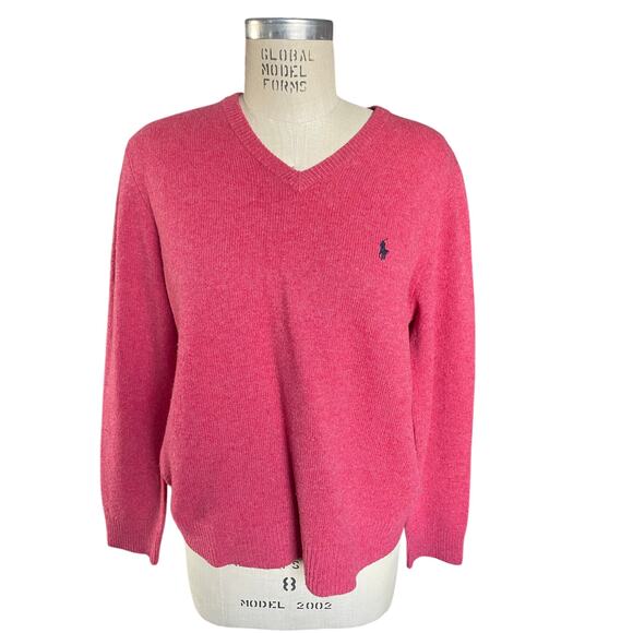 Vintage 90s Polo by Ralph Lauren Rose Pink V-Neck Lambswool Sweater Size Medium - Picture 1 of 5